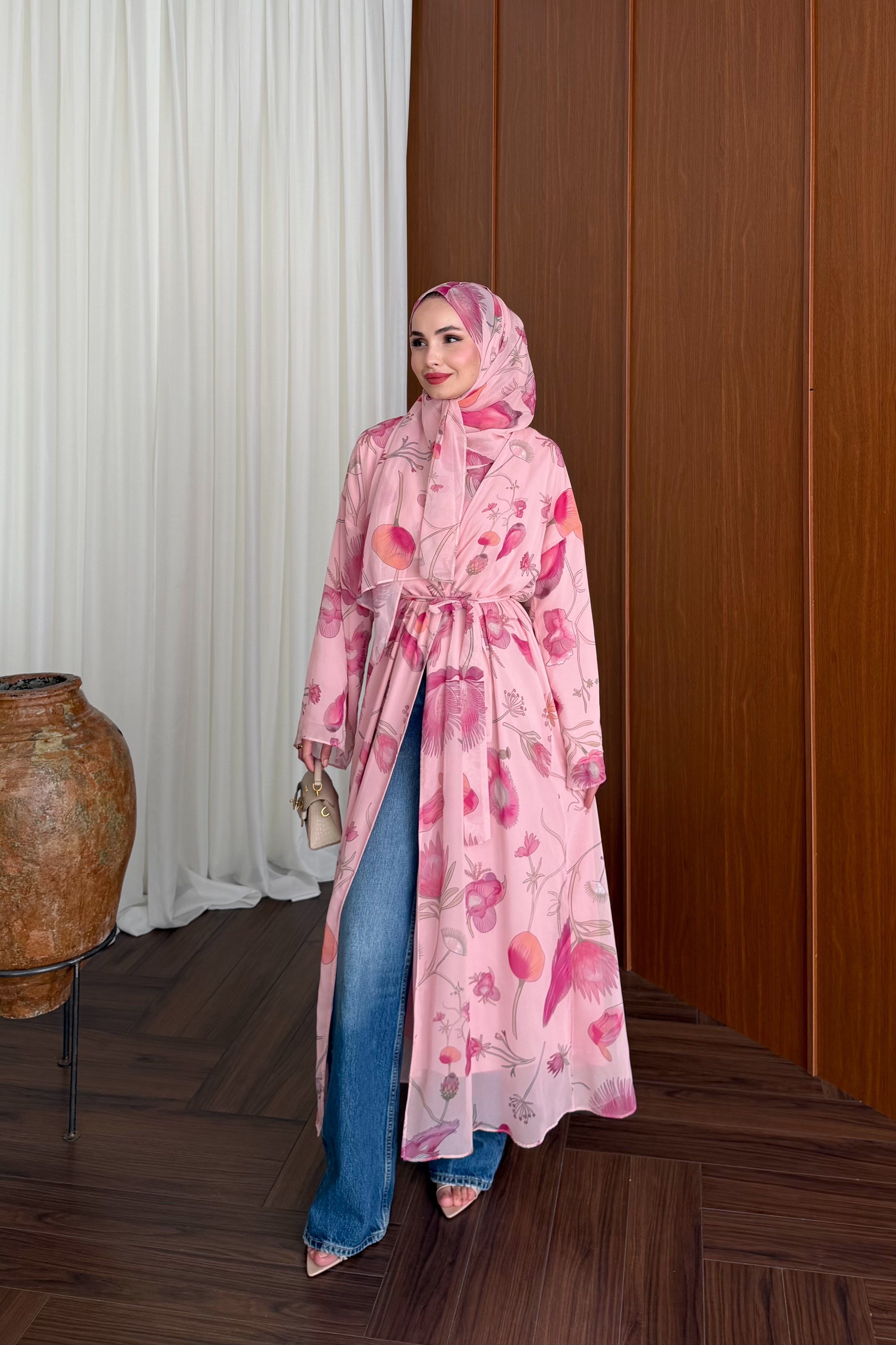 Lined Chiffon Abaya Set with Floral Pattern & Matching Shawl — PEMBE