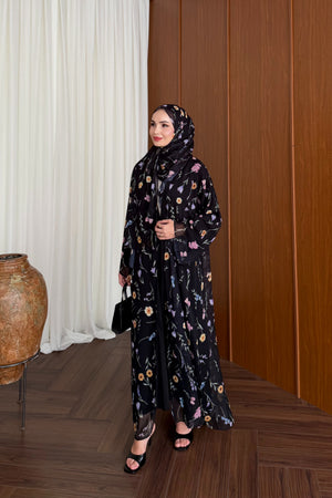 Lined Chiffon Abaya Set with Floral Pattern & Matching Shawl — SİYAH