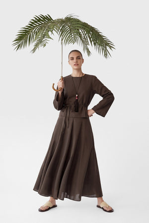 Modest Two-Piece Set with Tunic Top & Maxi Skirt — Kahve