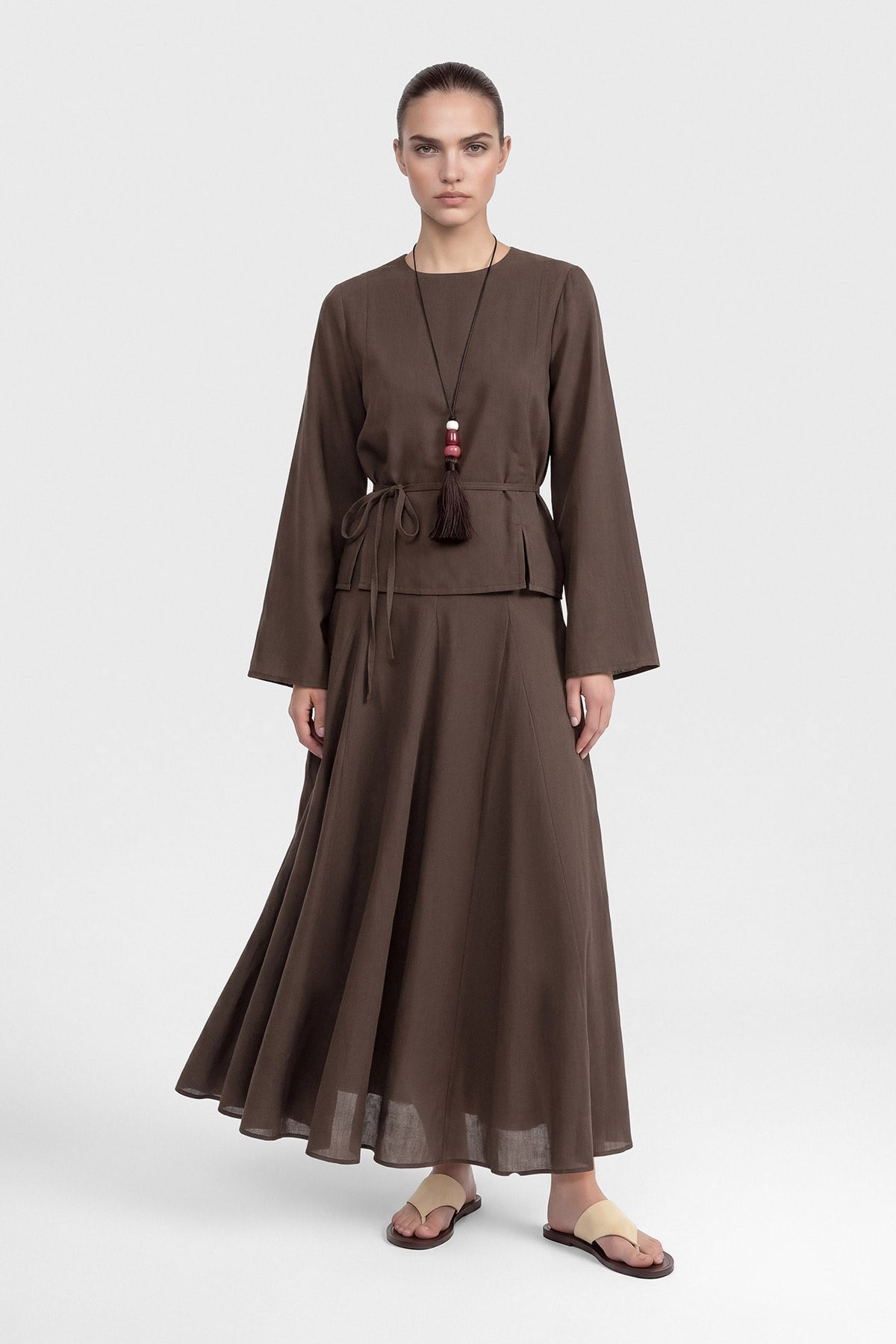 Modest Two-Piece Set with Tunic Top & Maxi Skirt — Kahve