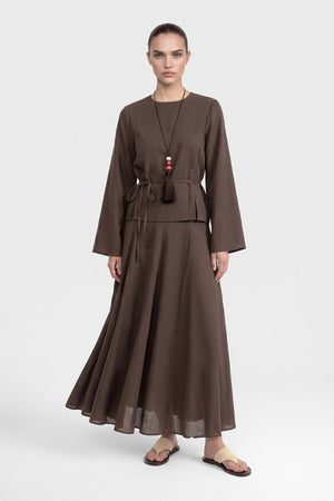 Modest Two-Piece Set with Tunic Top & Maxi Skirt — Kahve