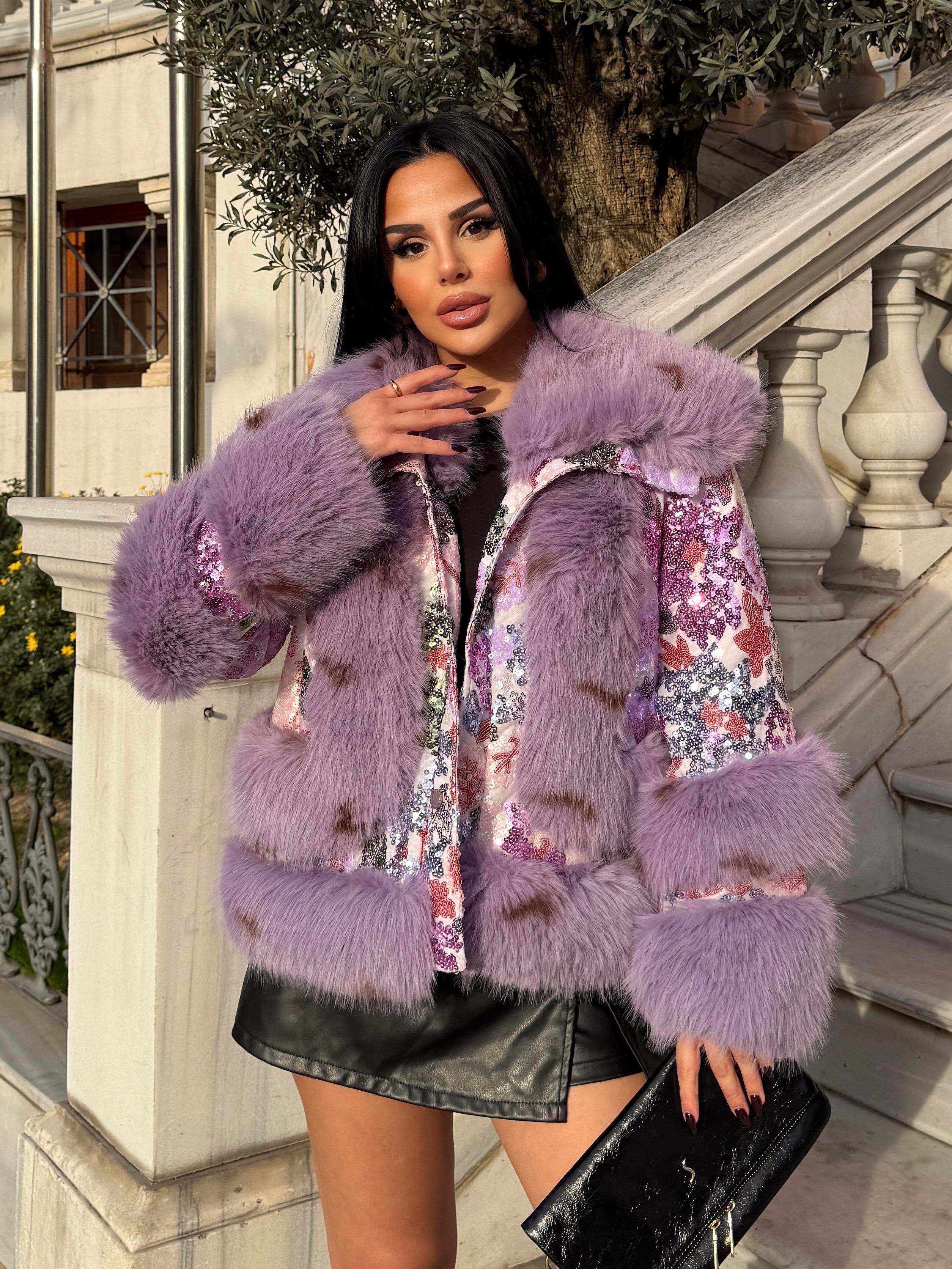 Fur Coat with Sequin Details