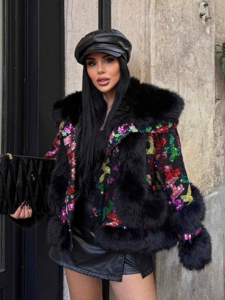 Fur Coat with Sequin Details