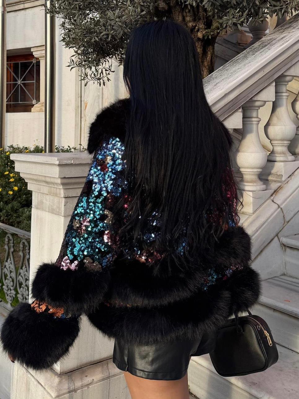 Fur Coat with Sequin Details