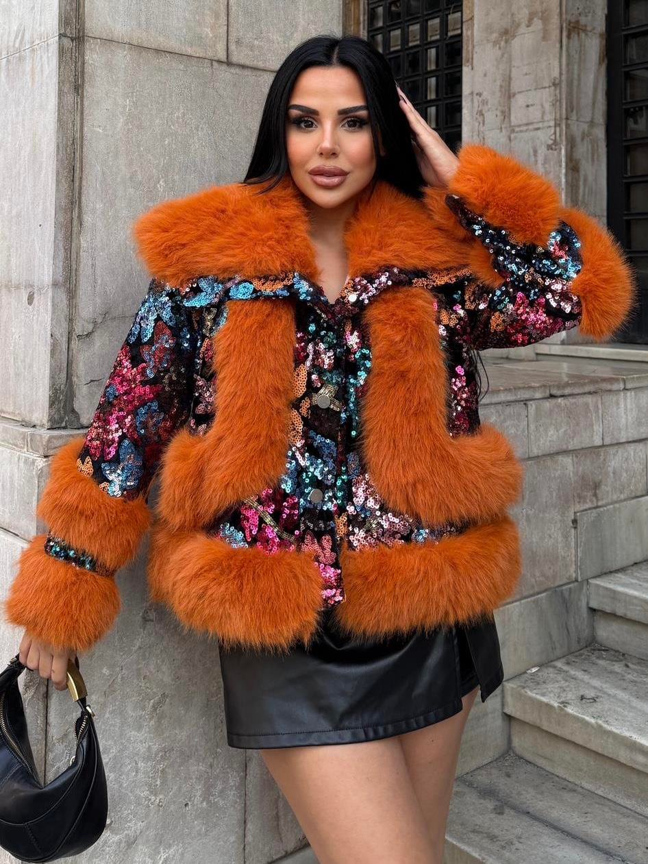 Fur Coat with Sequin Details