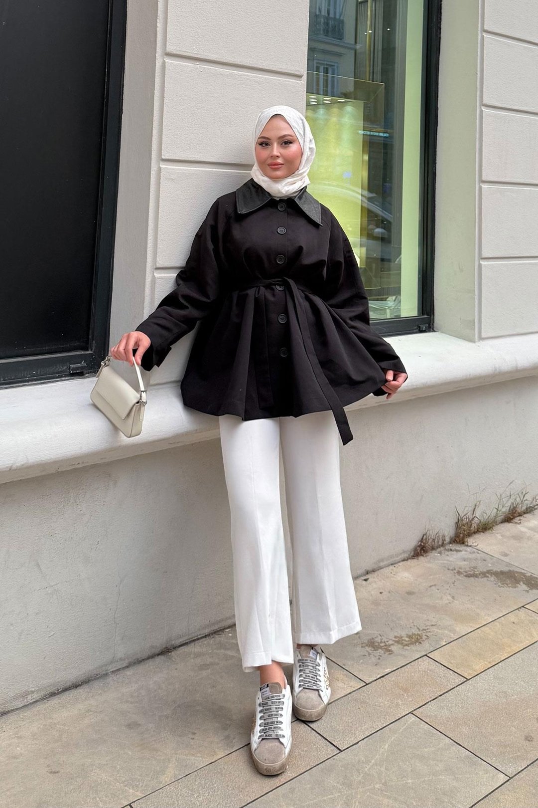 ترينش كوت بياقة جلدية وحزام – JK002