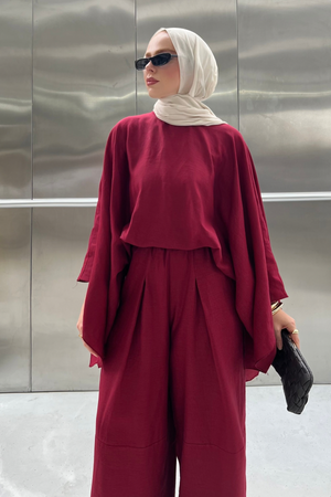 Relaxed Batwing Linen Top & Wide-Leg Trousers Set — Bordo