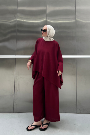 Relaxed Batwing Linen Top & Wide-Leg Trousers Set — Bordo