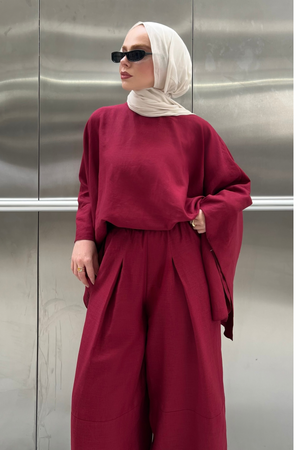 Relaxed Batwing Linen Top & Wide-Leg Trousers Set — Bordo