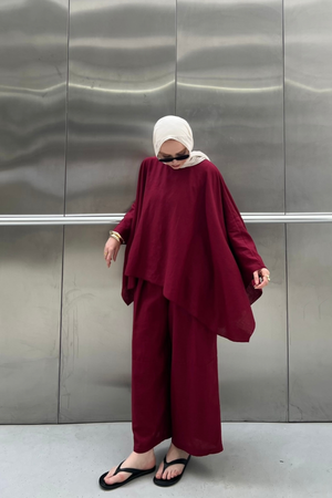 Relaxed Batwing Linen Top & Wide-Leg Trousers Set — Bordo